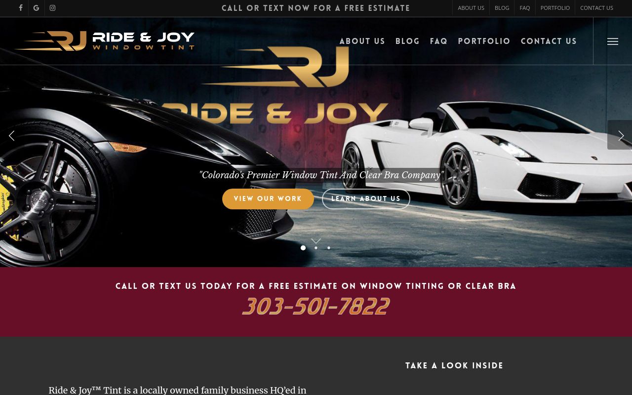 Homepage of Ride & Joy Tint - Window Tint - Clear Bra - PPF - Ceramic Coating's website