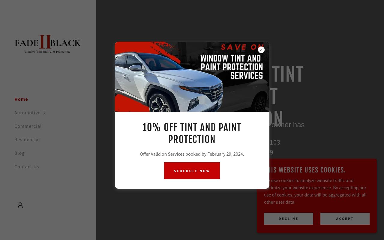 Homepage of Fade II Black: Window Tint and Paint Protection's website