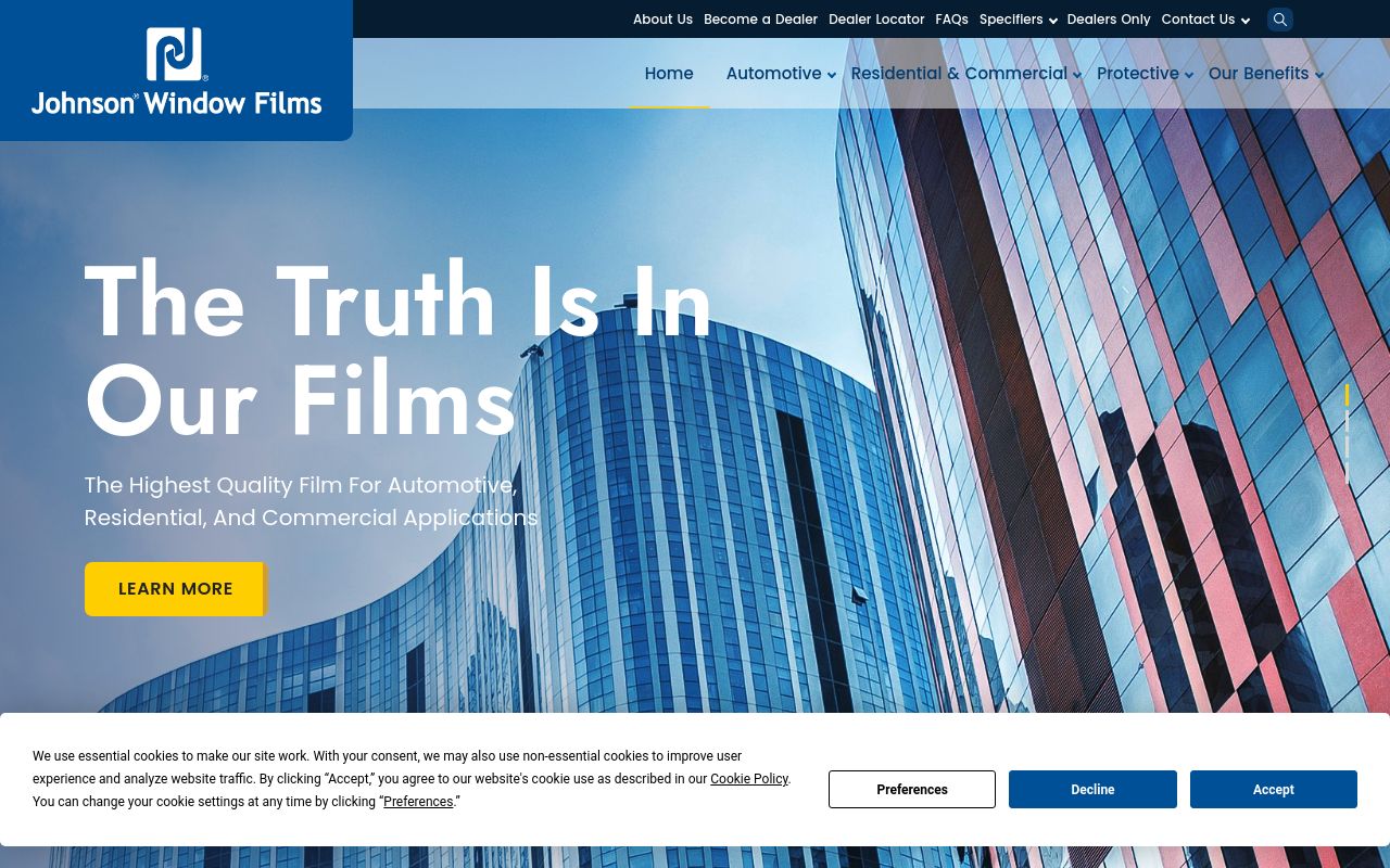 Homepage of Johnson Window Films's website