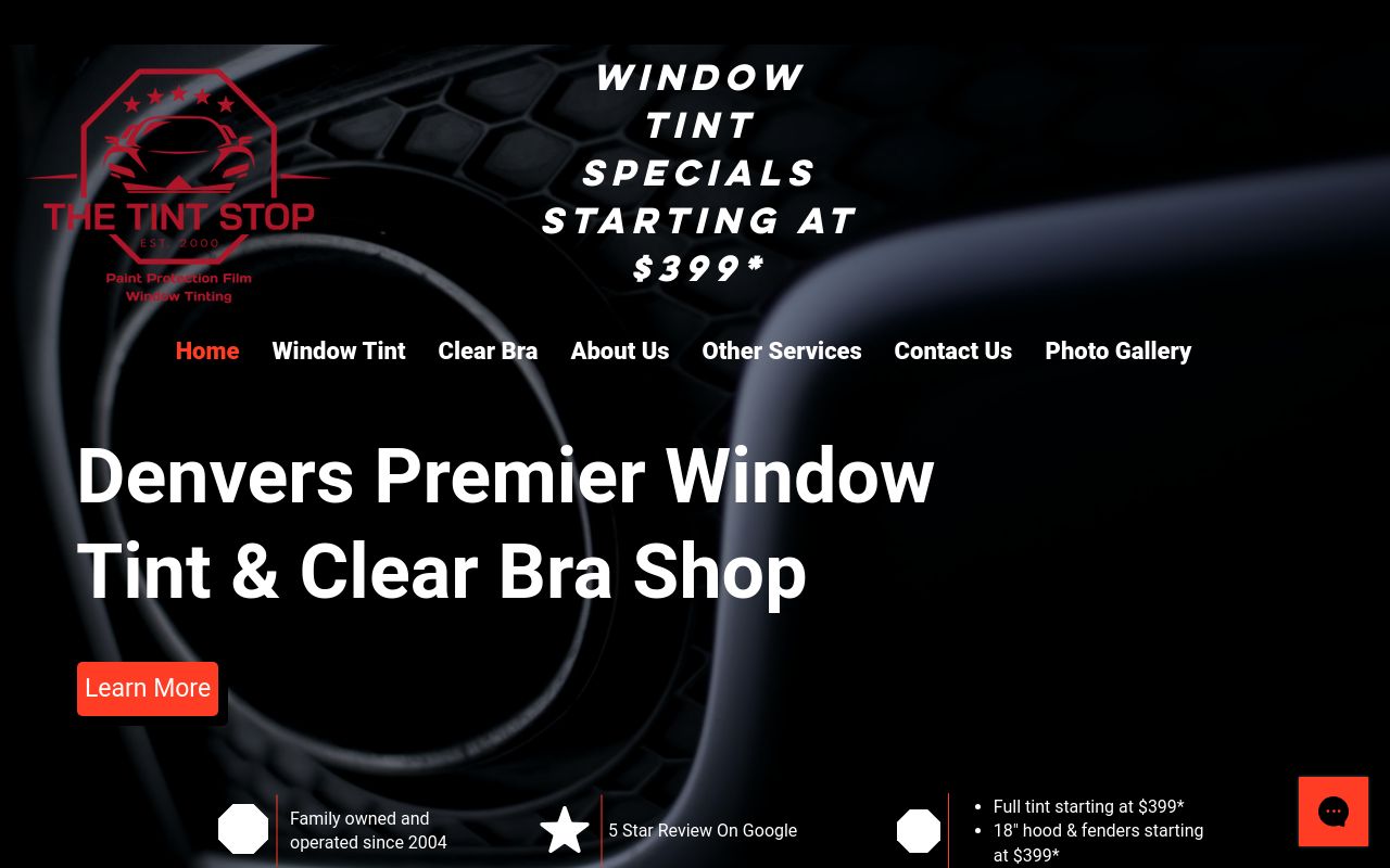 Homepage of The Tint Stop's website