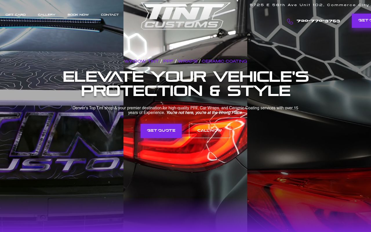 Homepage of Tint Customs's website