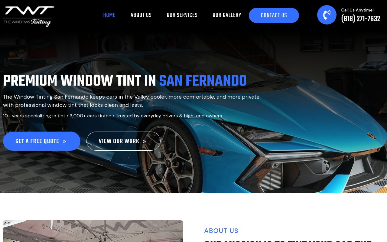 Homepage of The Windows Tinting's website