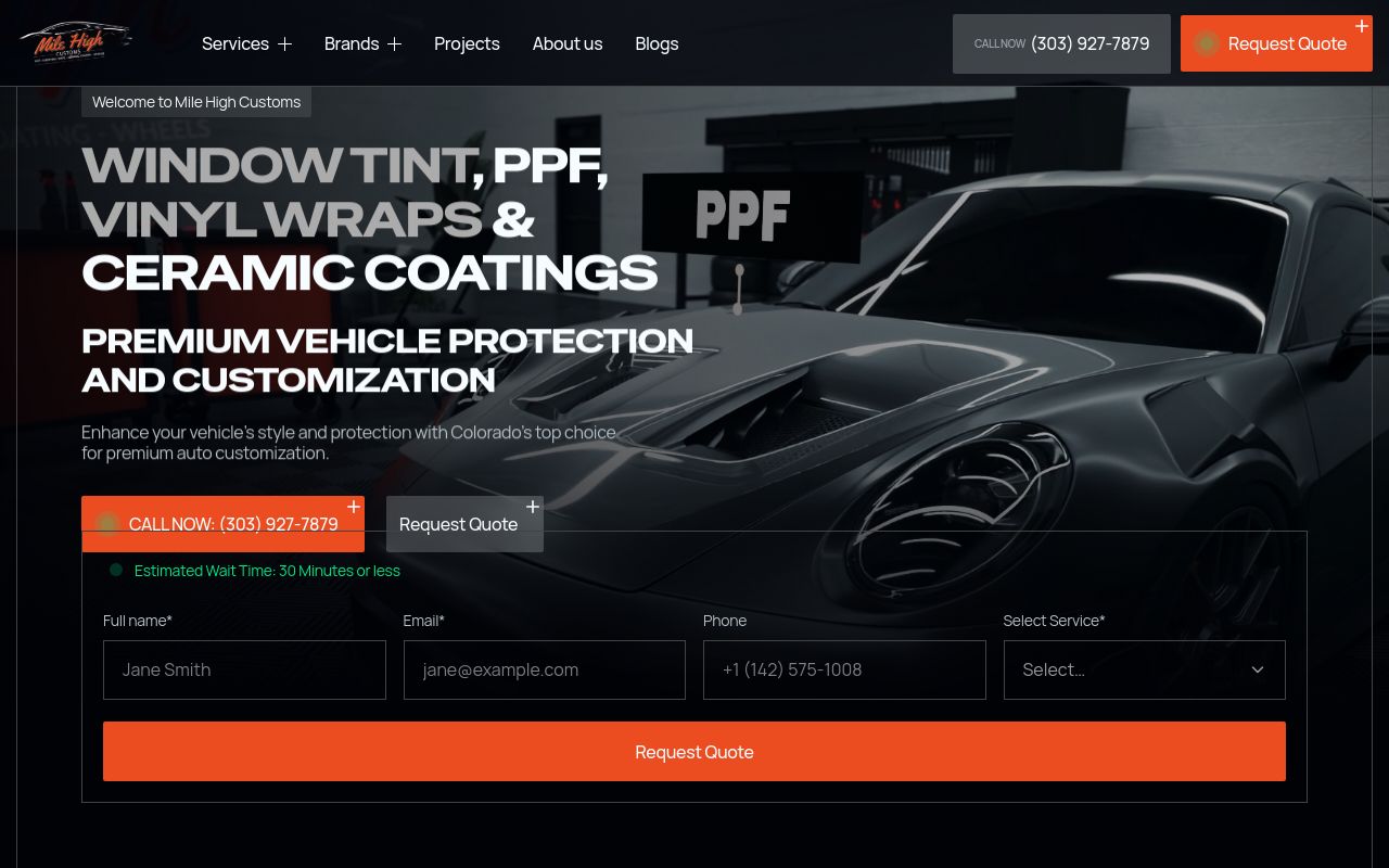 Homepage of Mile High Customs Northglenn - PPF (Clear Bra) - Window Tint - Vinyl Wraps - Wheels's website