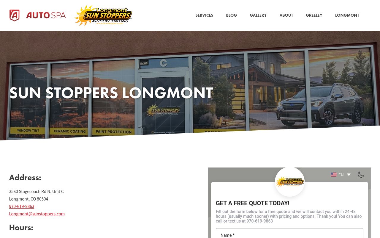 Homepage of Sun Stoppers Window Tinting & Clear Bra Longmont's website