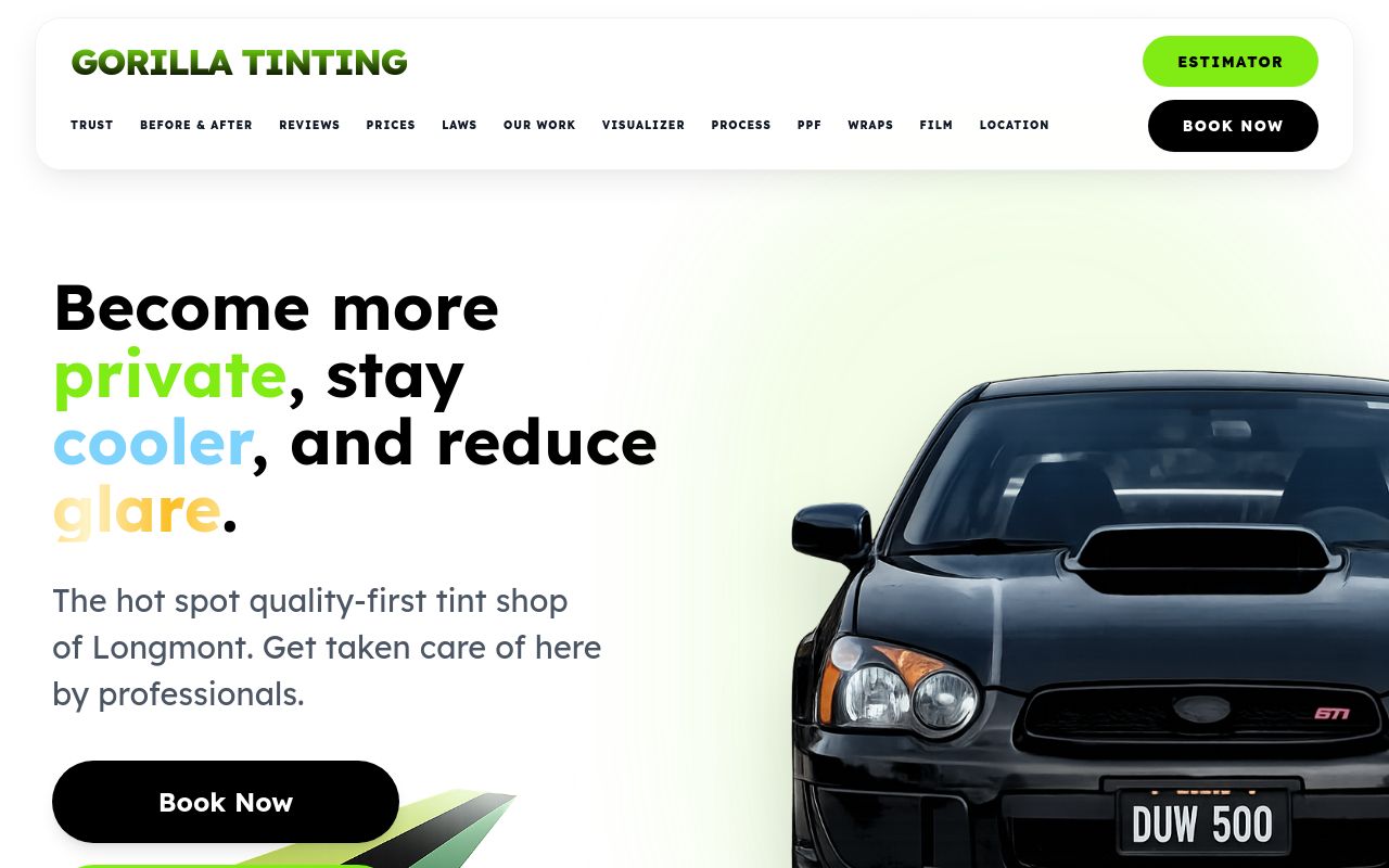Homepage of Gorilla Tinting's website