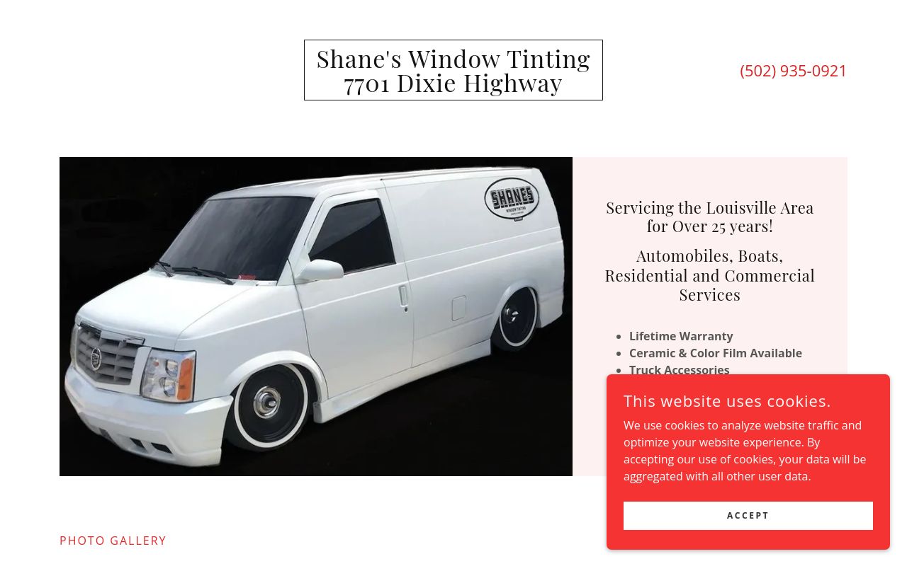 Homepage of Shane's Window Tinting's website
