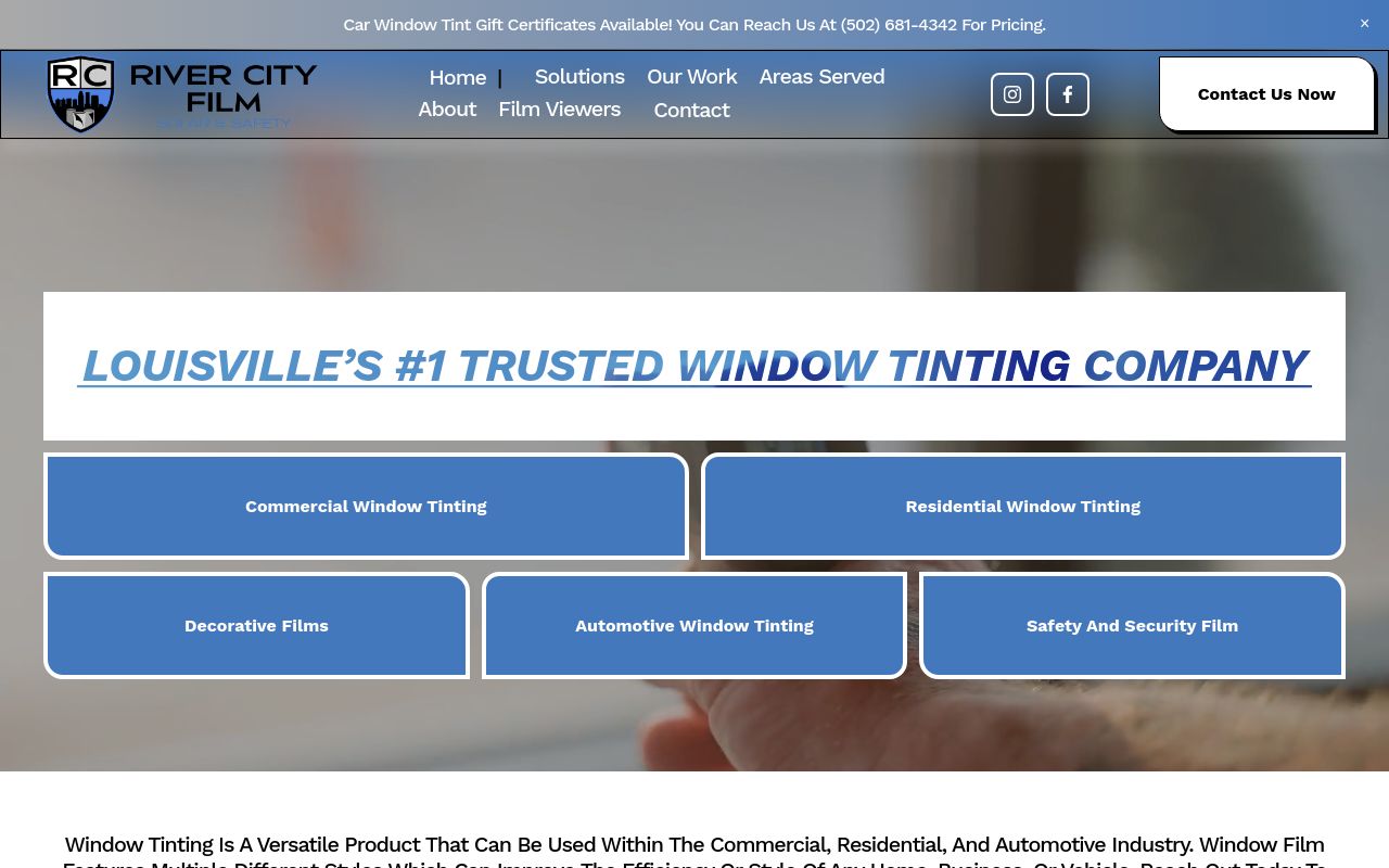 Homepage of River City Solar & Safety Film LLC's website