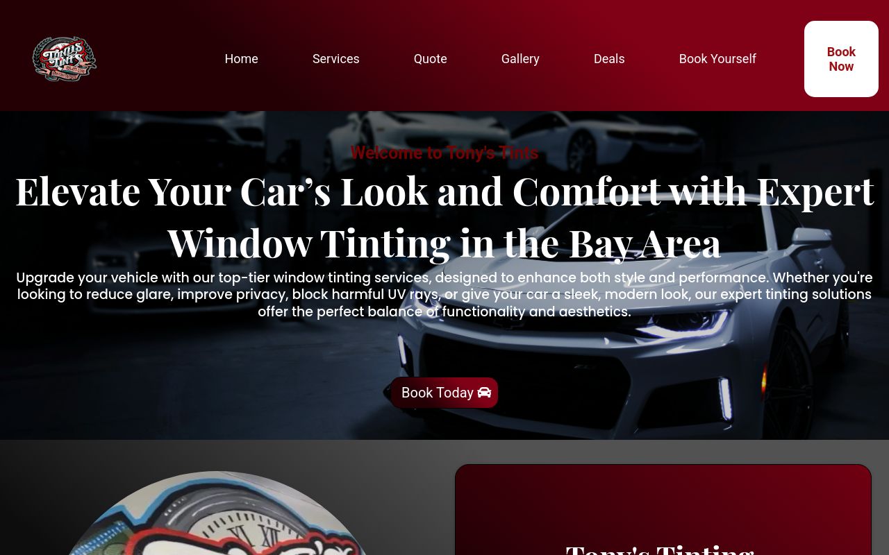Homepage of Tony Tints shop's website