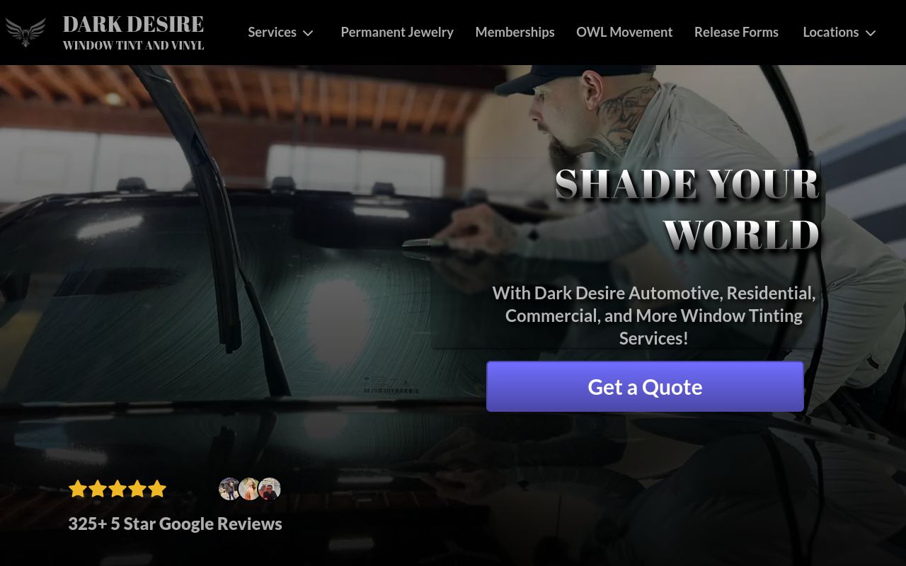 Homepage of Dark Desire Window Tint and Vinyl's website