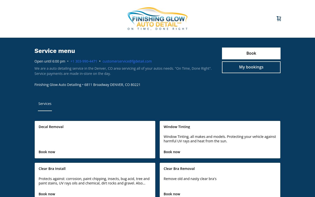 Homepage of Finishing Glow Auto Detail's website
