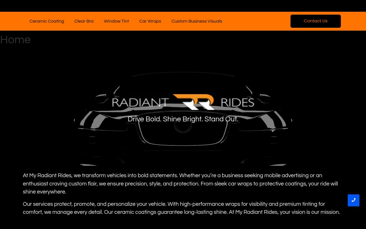 Homepage of Radiant Rides's website