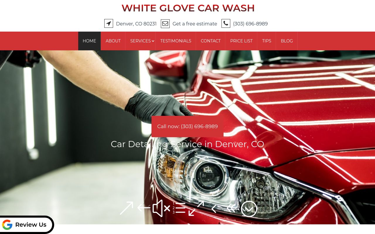 Homepage of White Glove Car Wash's website