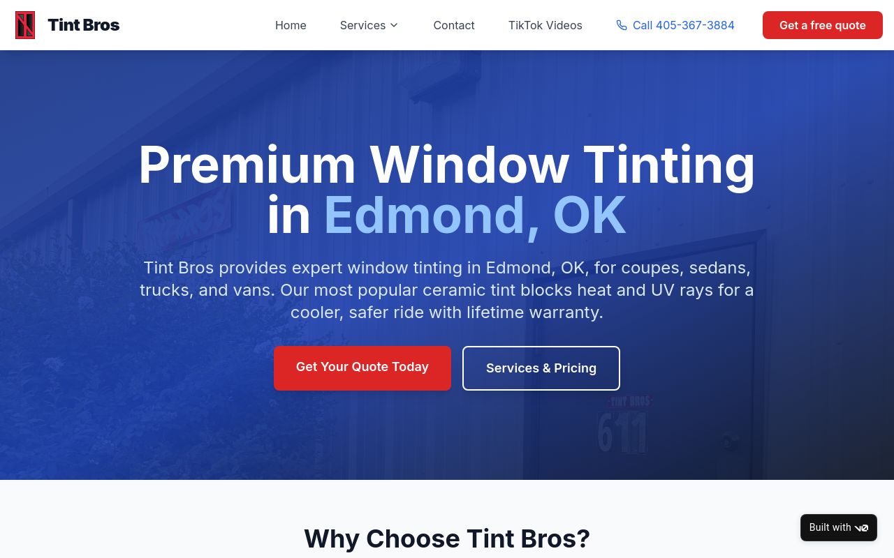 Homepage of Tint Bros's website