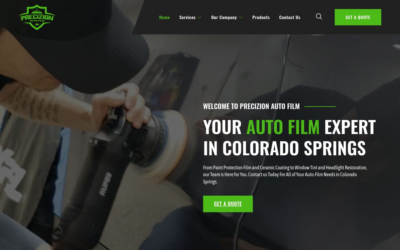 Homepage of Precizion Auto Film's website