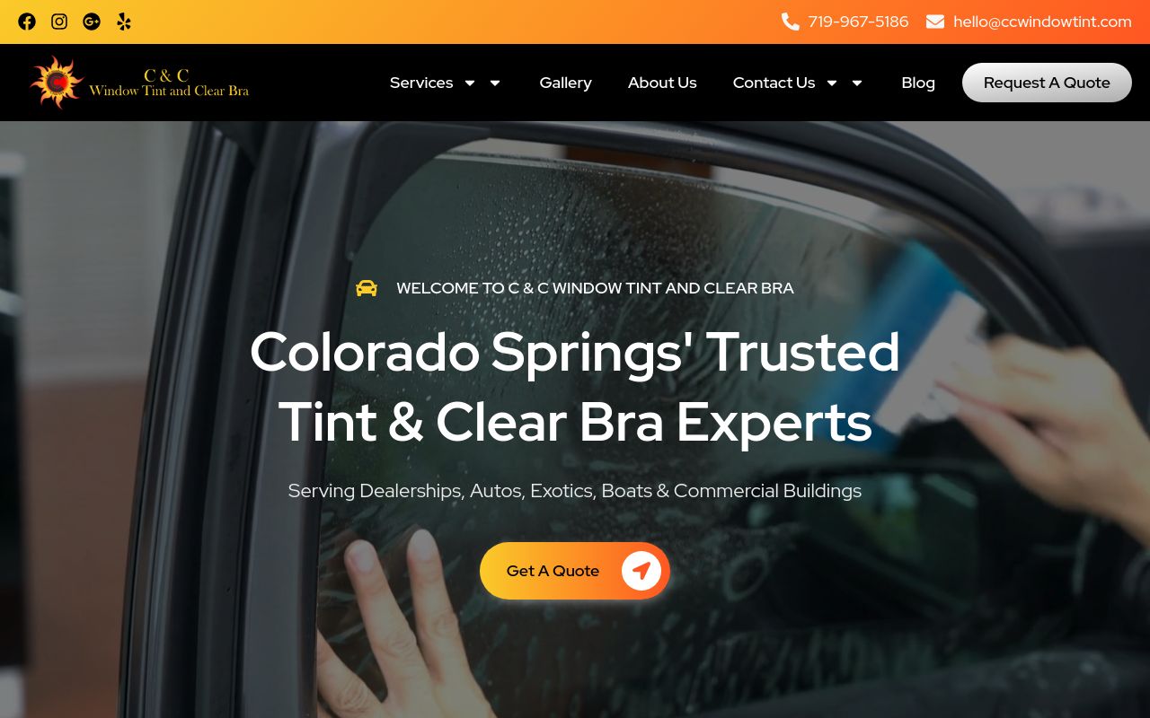 Homepage of C & C Window Tint and Clear Bra's website