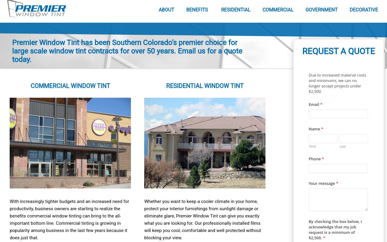 Homepage of Premier Window Tint's website