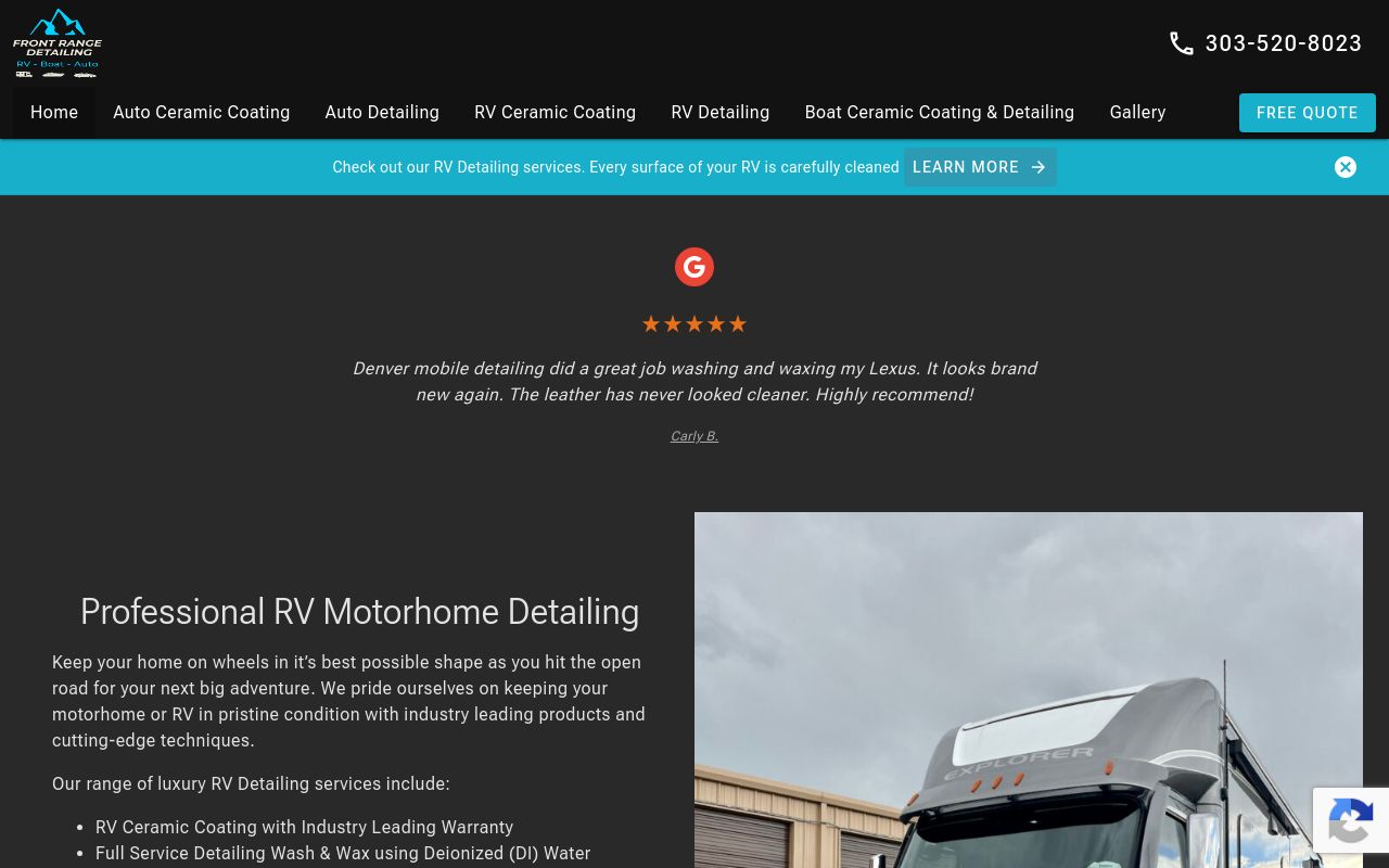 Homepage of Front Range Detail Studio - PPF & Ceramic Coating - RV Boat Auto's website