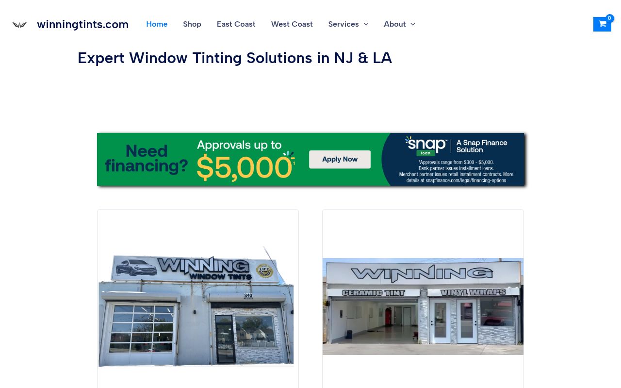 Homepage of Winning Tints's website