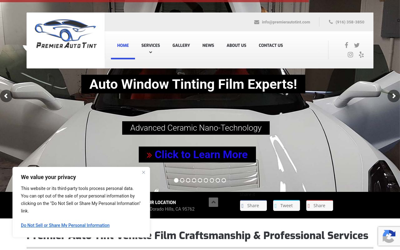 Homepage of Premier Auto Tint's website