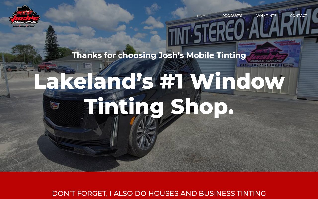 Homepage of Josh's Mobile Tinting's website