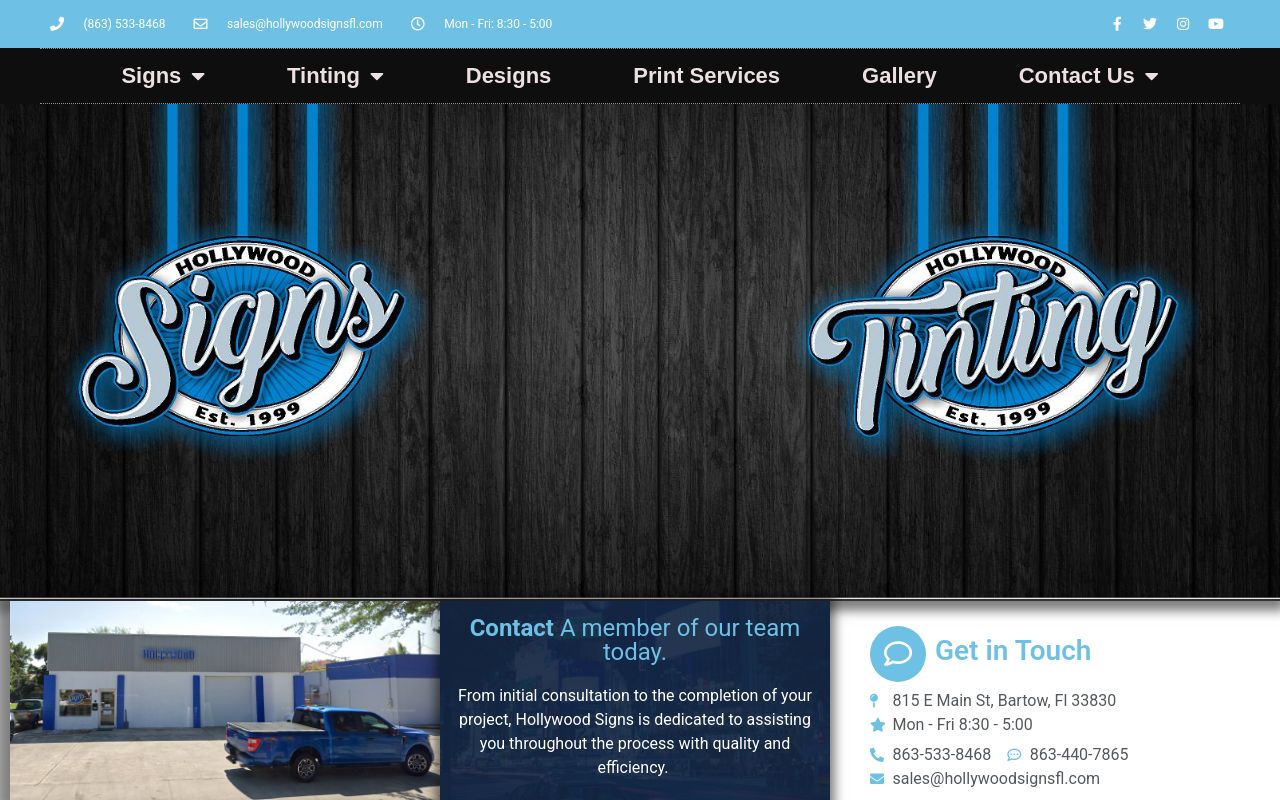 Homepage of Hollywood Window Tinting & Signs's website