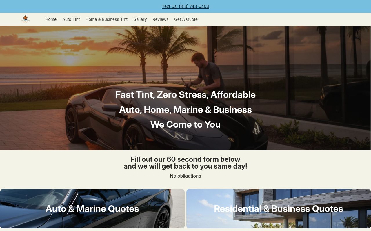 Homepage of Coastal Tint Solutions LLC | Mobile Tinting's website