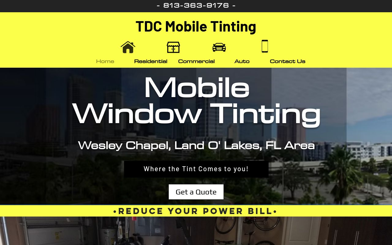 Homepage of TDC Mobile Window Tinting's website
