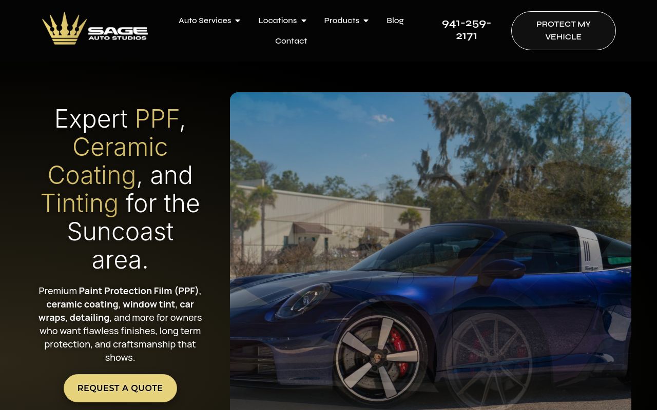 Homepage of Sage Auto Studios's website