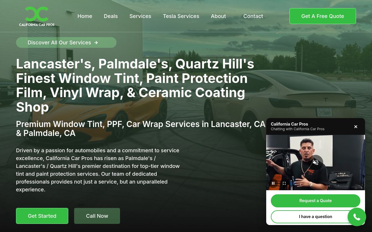 Homepage of California Car Pros - Window Tint, PPF, Ceramic Coating's website