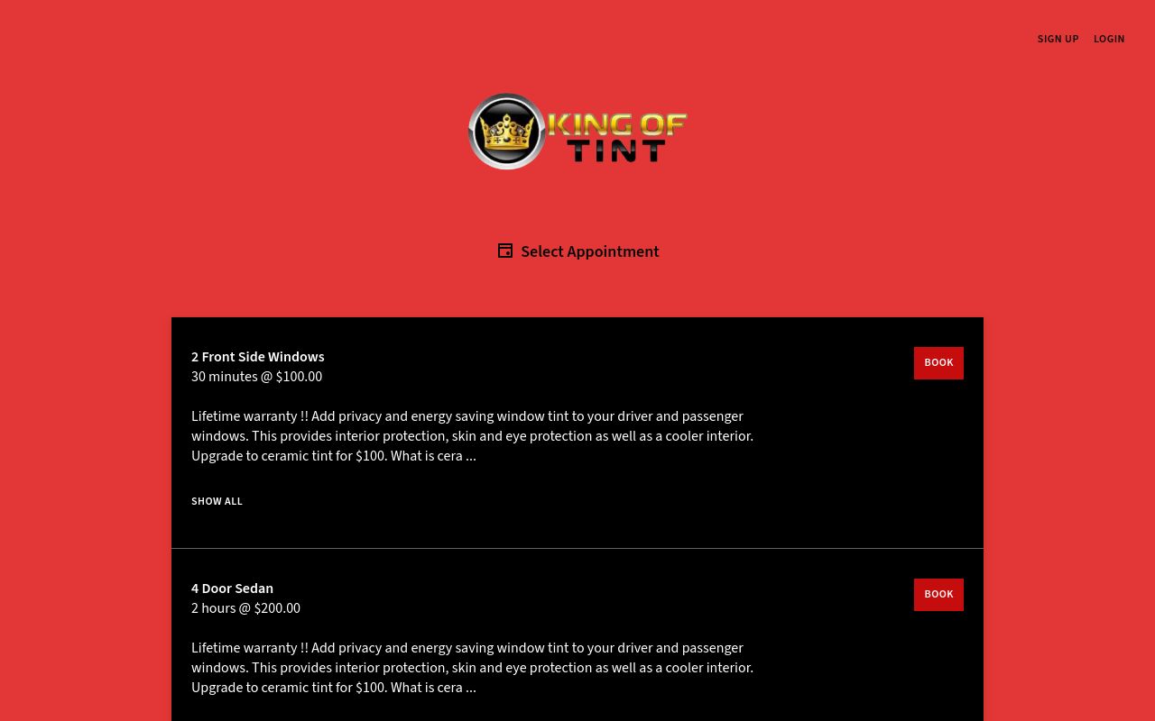 Homepage of King of tint Window Tinting's website