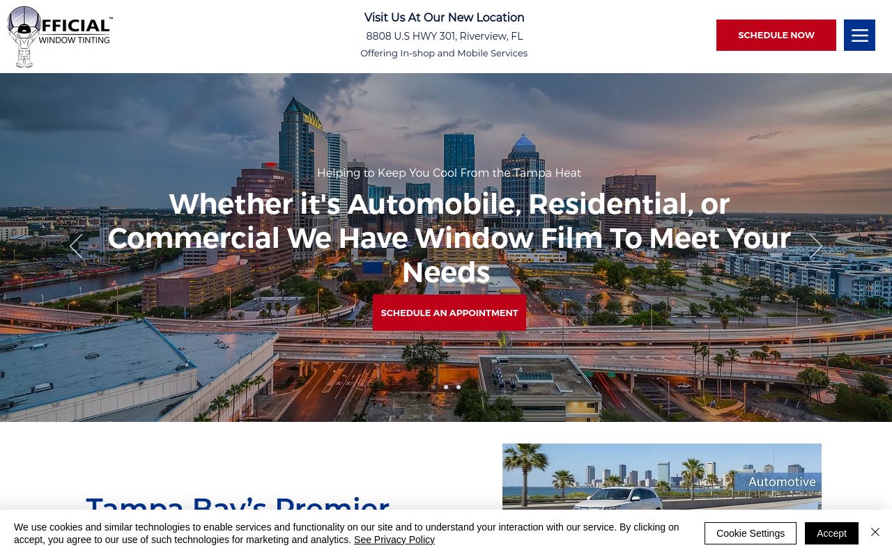 Homepage of Official Window Tinting's website