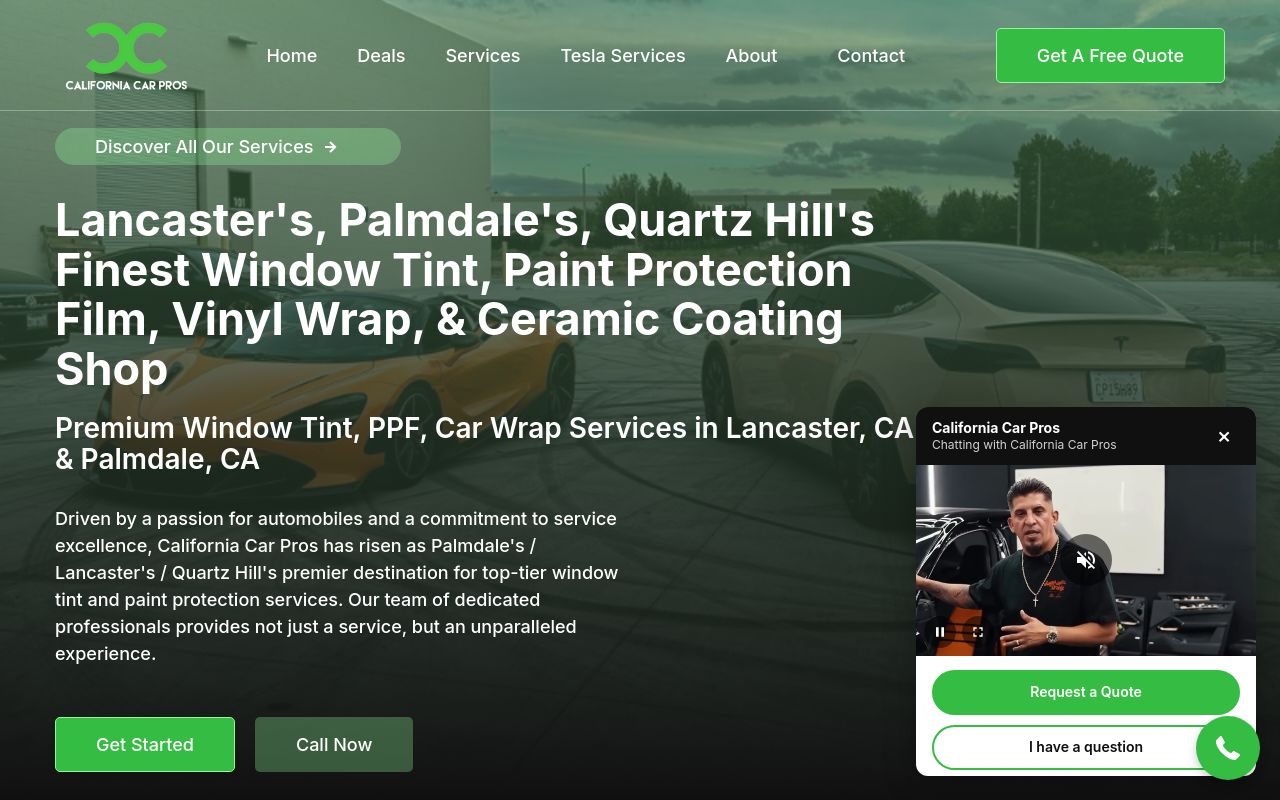 Homepage of California Car Pros - Window Tint, Car Wraps, PPF's website