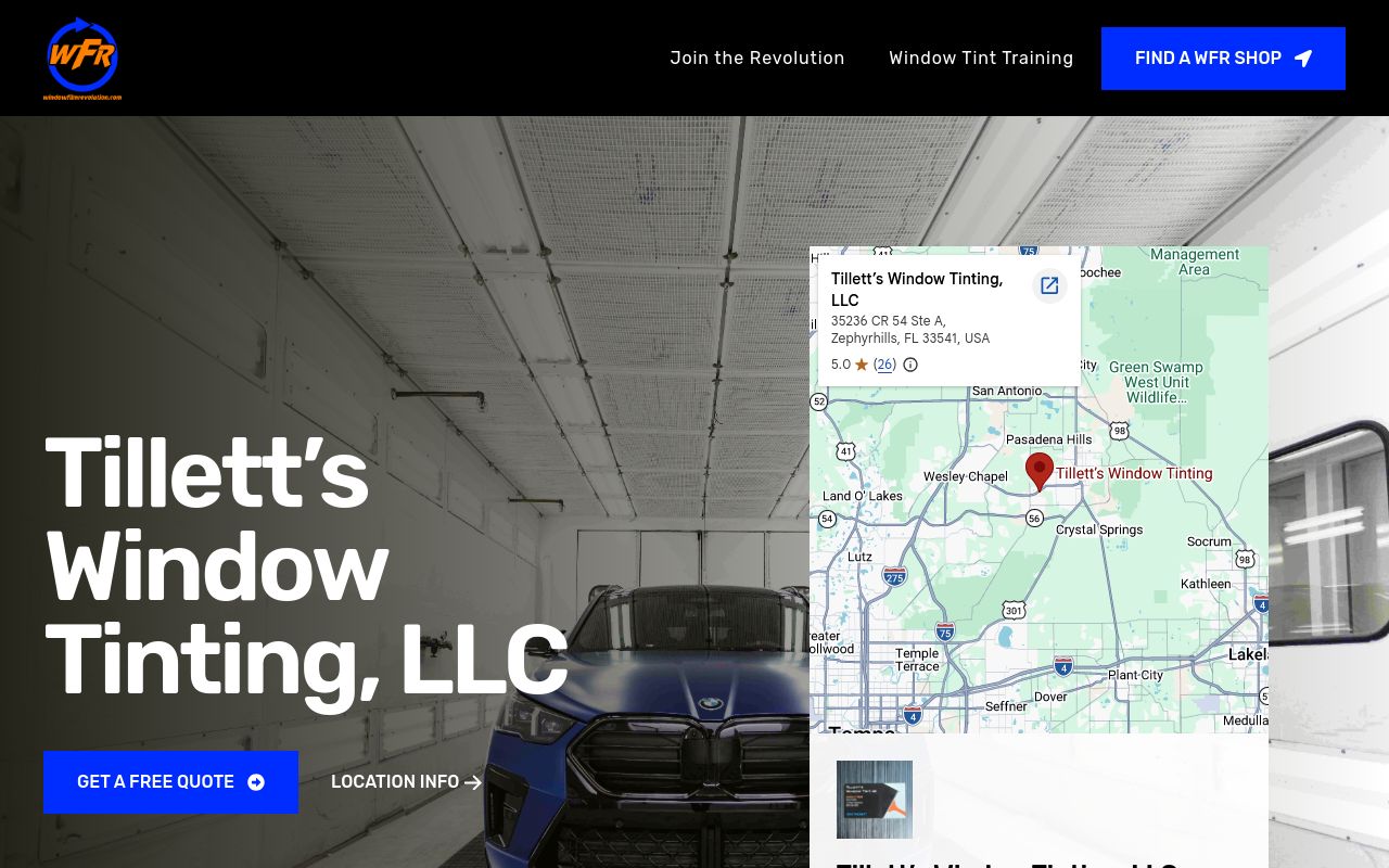 Homepage of Tillett’s Window Tinting, LLC's website