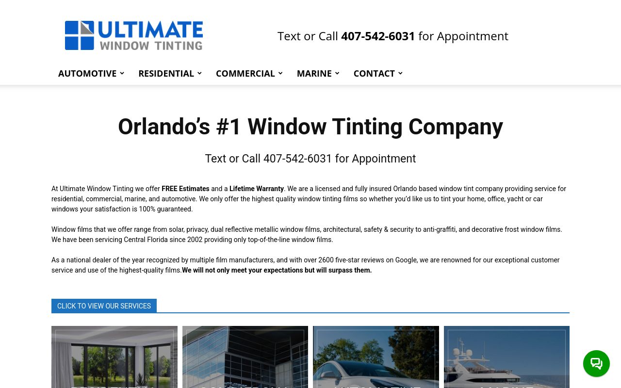 Homepage of Ultimate Window Tinting's website