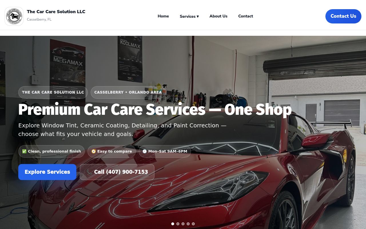 Homepage of The Car Care Solution – Window Tint & Ceramic Coating's website