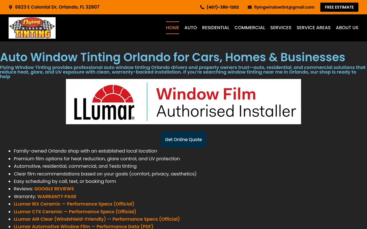 Homepage of Flying Window Tinting's website