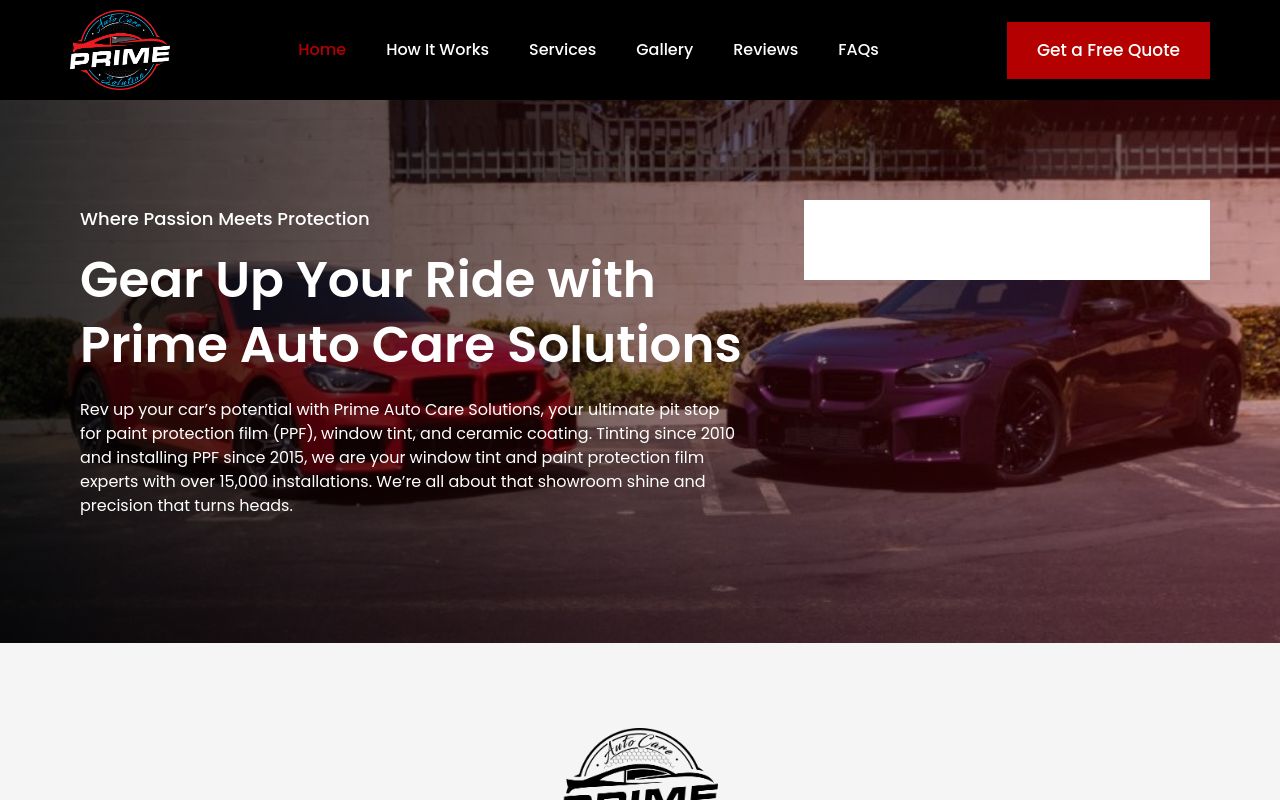 Homepage of Prime Window Tinting & PPF's website