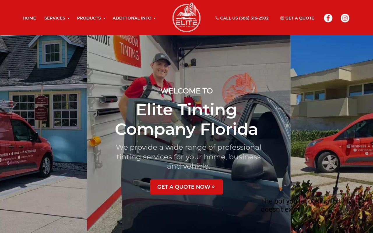 Homepage of Elite Tinting Company's website