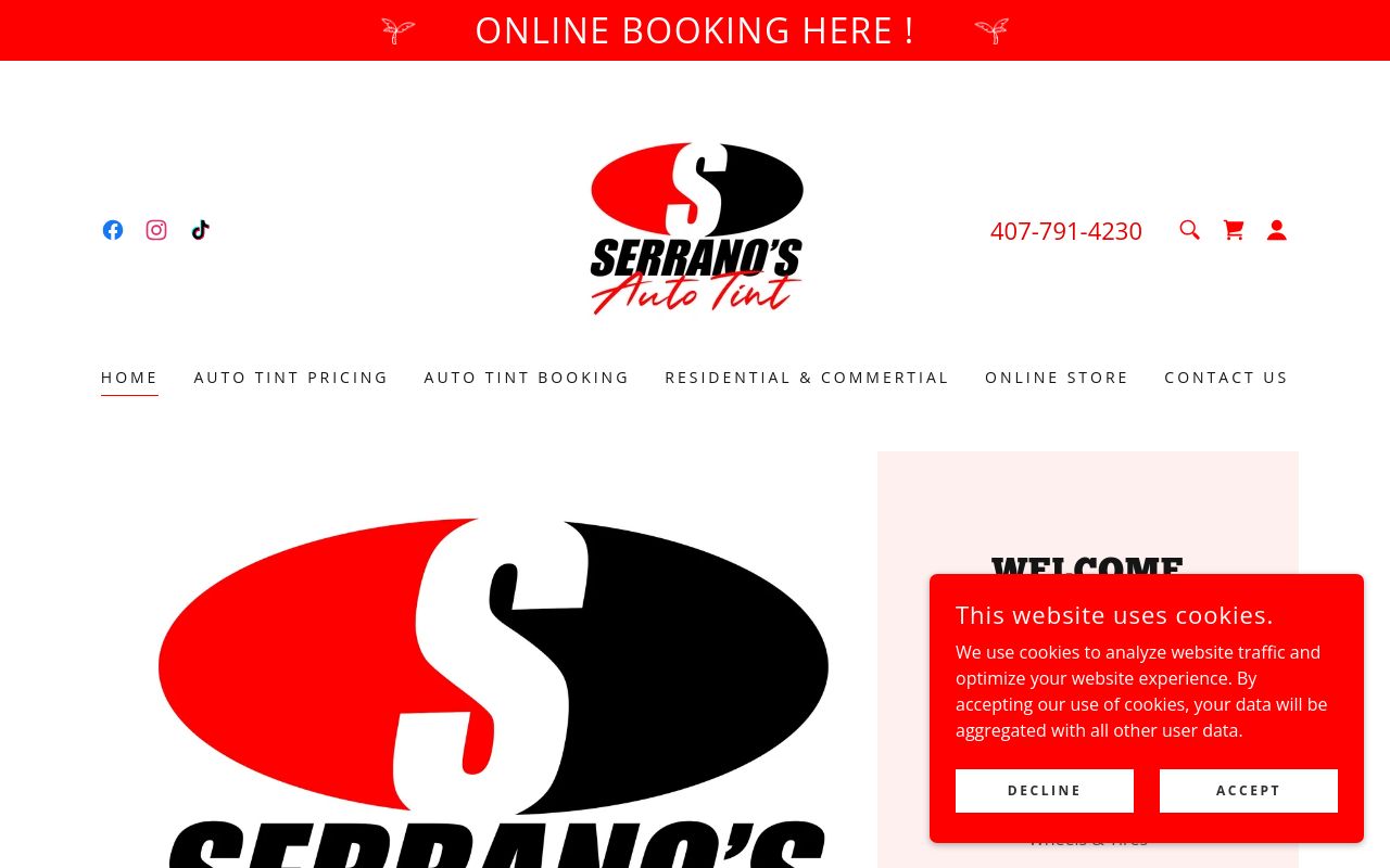 Homepage of Serrano's Auto Tint's website