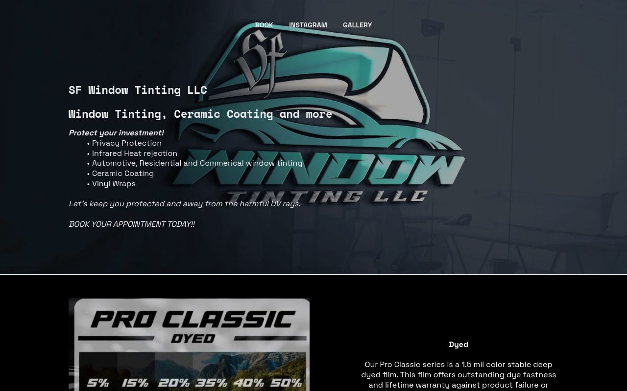 Homepage of SF Window Tinting LLC's website