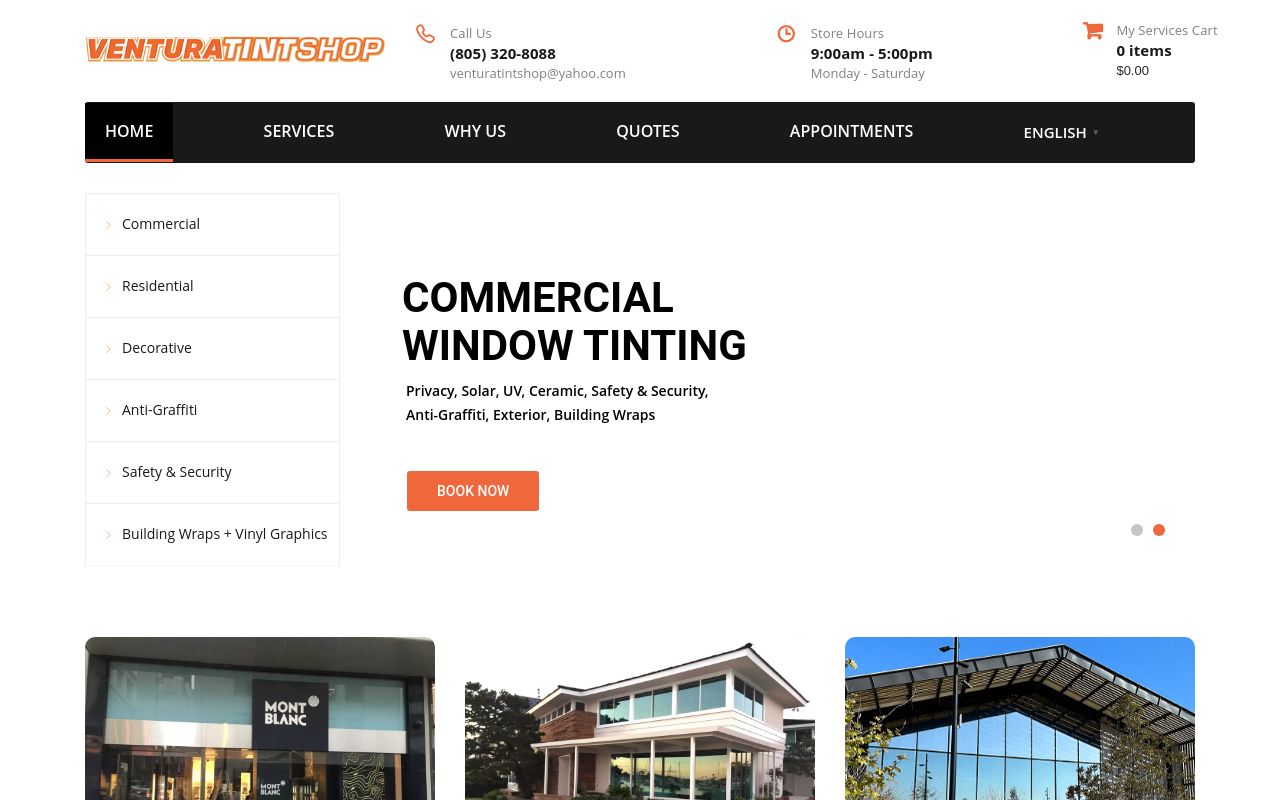 Homepage of Ventura Tint Shop's website