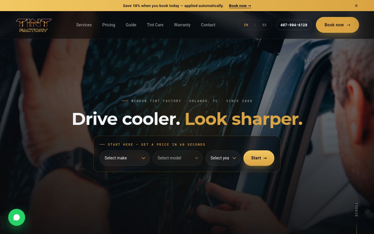 Homepage of Window Tint Factory's website