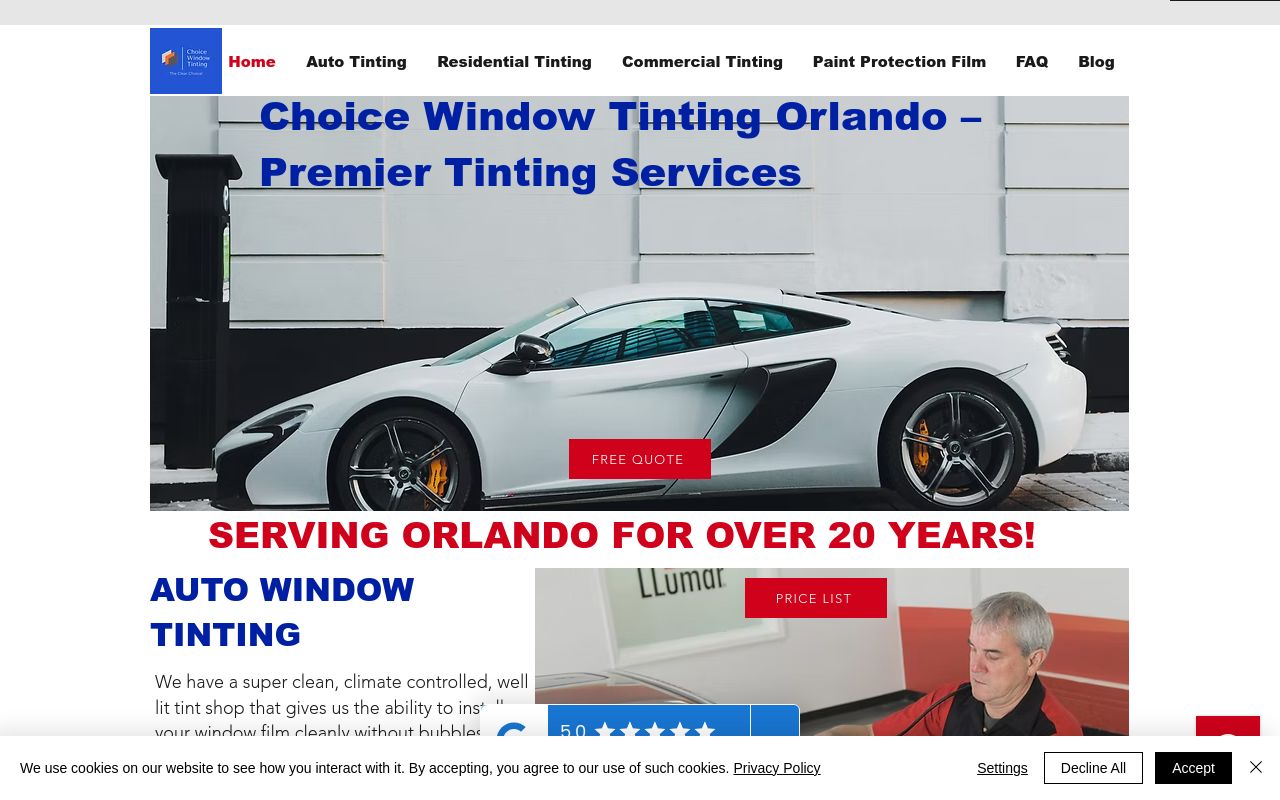 Homepage of Choice Window Tinting's website