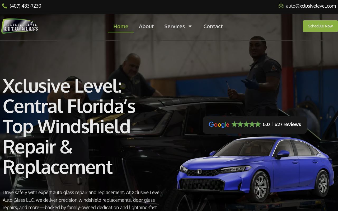 Homepage of XCLUSIVE LEVEL AUTO GLASS's website