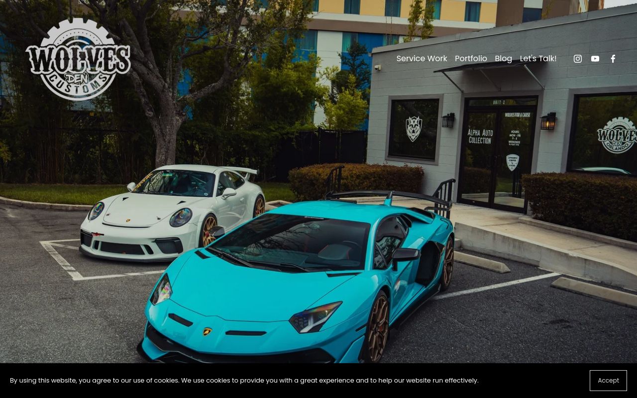 Homepage of Wolves Den Customs's website