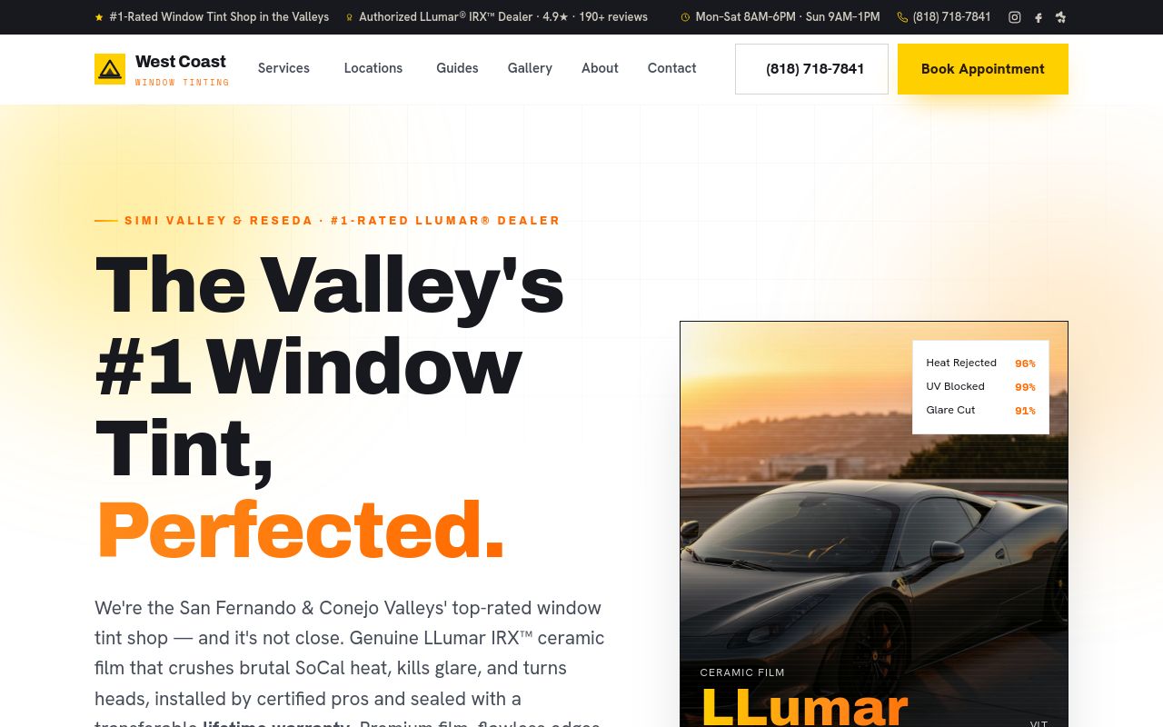 Homepage of West Coast Window Tinting_Simi's website