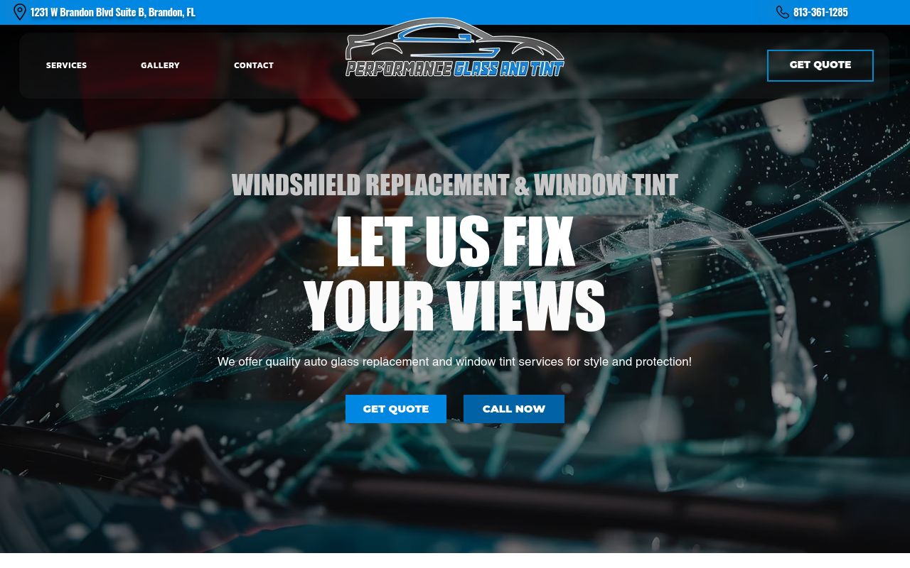 Homepage of Performance Glass and Tint's website
