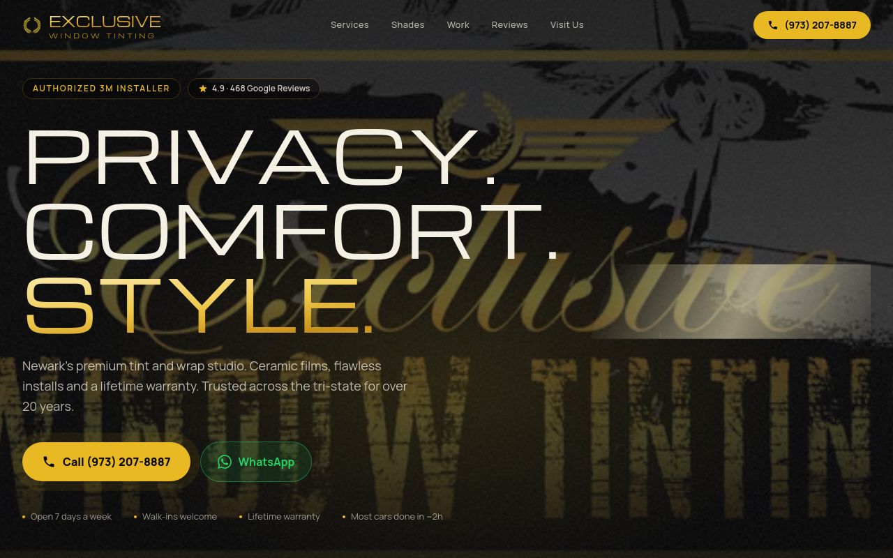 Homepage of Exclusive Window Tinting's website