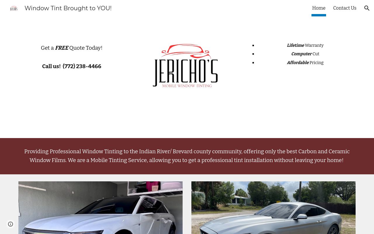 Homepage of Jericho's Mobile Window Tinting's website