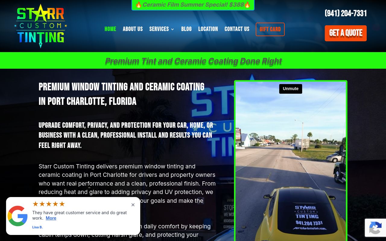 Homepage of Starr Custom Tinting's website
